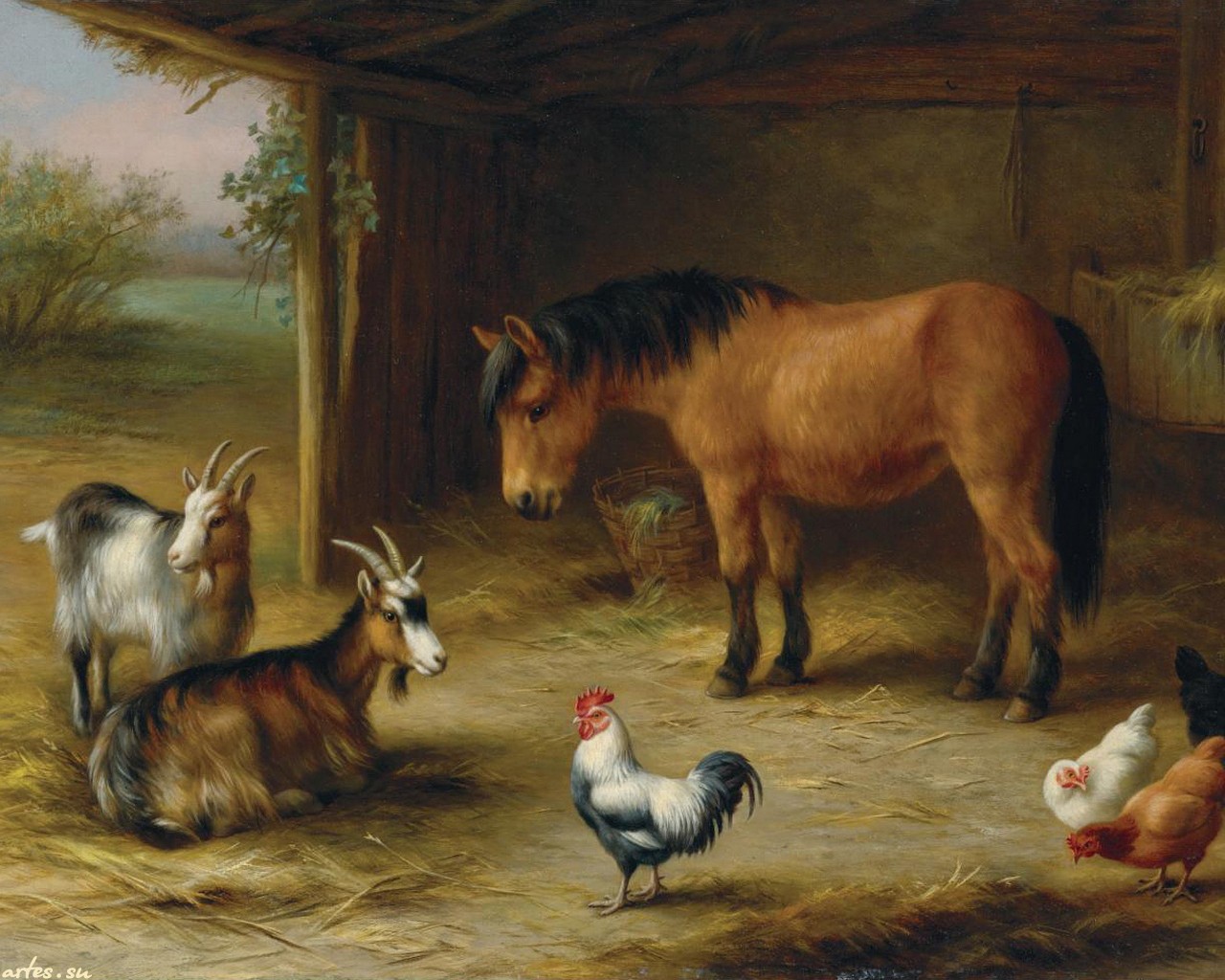 Лошади коровы и куры. Деревенские животные. Пейзаж с домашними животными.
